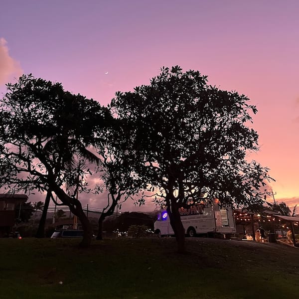 Taro Hut food truck and outdoor seating at sunset with silhouetted trees and a crescent moon.
