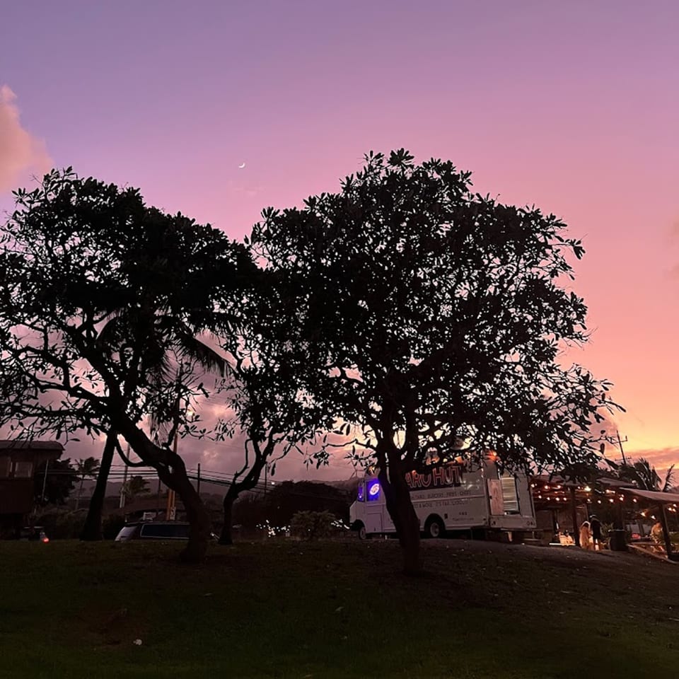 Taro Hut food truck and outdoor seating at sunset with silhouetted trees and a crescent moon.